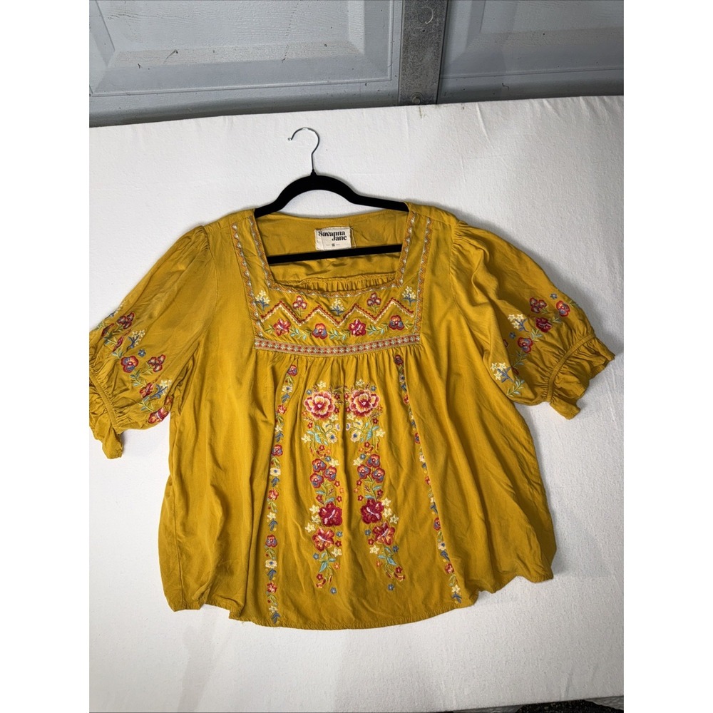 Savanna Jane Embroidered Floral Blouse 1X Plus Mustard Yellow Boho Top